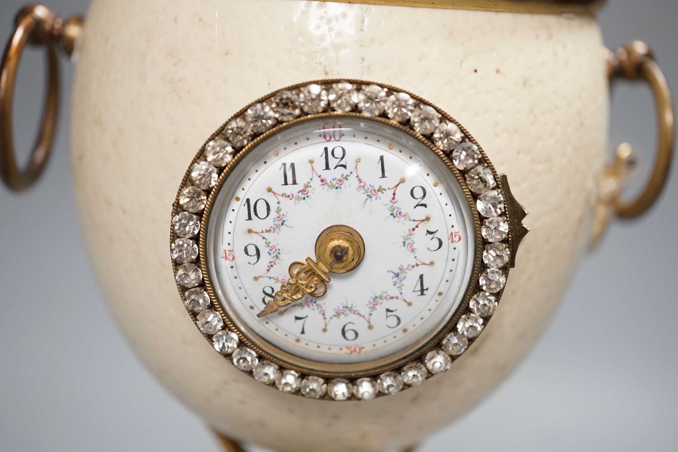 An unusual late 19th/early 20th century ostrich egg timepiece with encased compass and barometer - key included, 29cm high